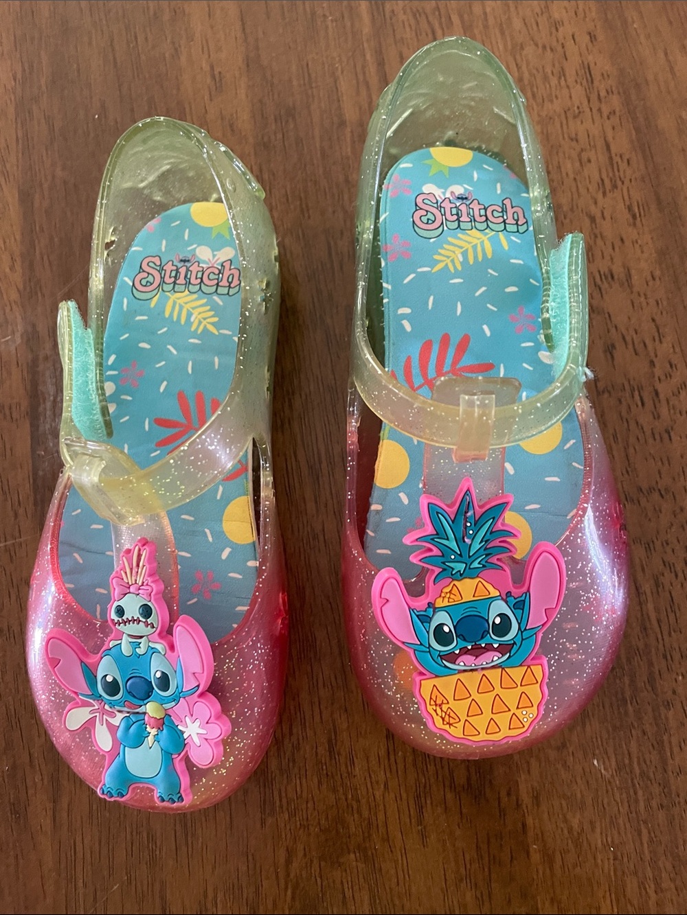 Disney Girls' Pink Glitter Jelly Sandals with Stitch Pineapple Accent girls 9